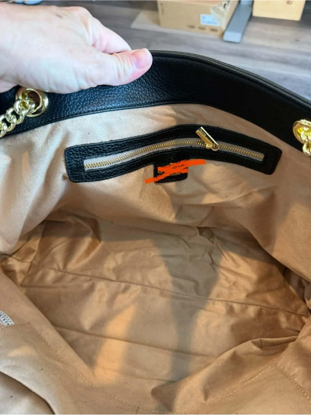 Black Leather Tote Bag with Gold Chain Handles - Picture 5 of 5